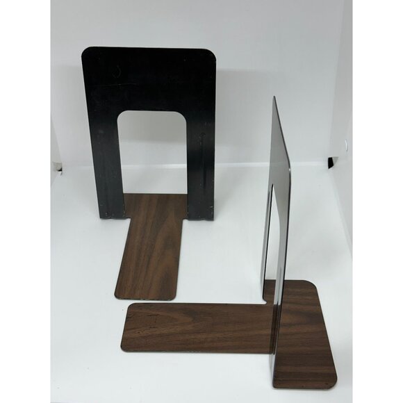 Industrial Black Metal Bookends Set of 2 Faux Wood Grain Heavy Duty 5.5"x9" - Picture 5 of 9
